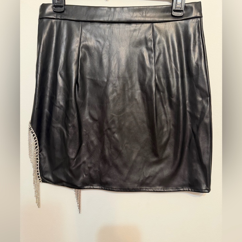 Bear Dance Size L Black Faux Leather Skirt with Rhinestone Fringe - Picture 3 of 11